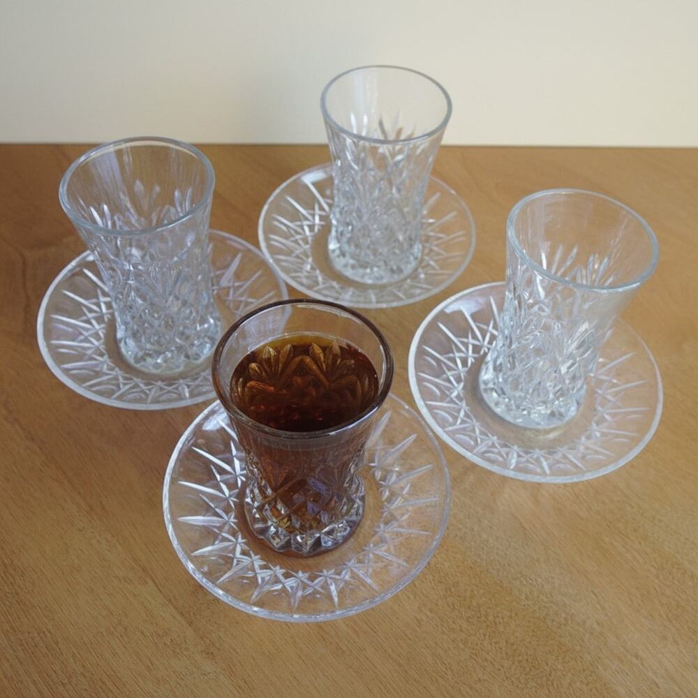 VTG Pressed Glass & Saucer Diamond Point Flared Tumbler Clear MCM Barware 4PK - Picture 1 of 7